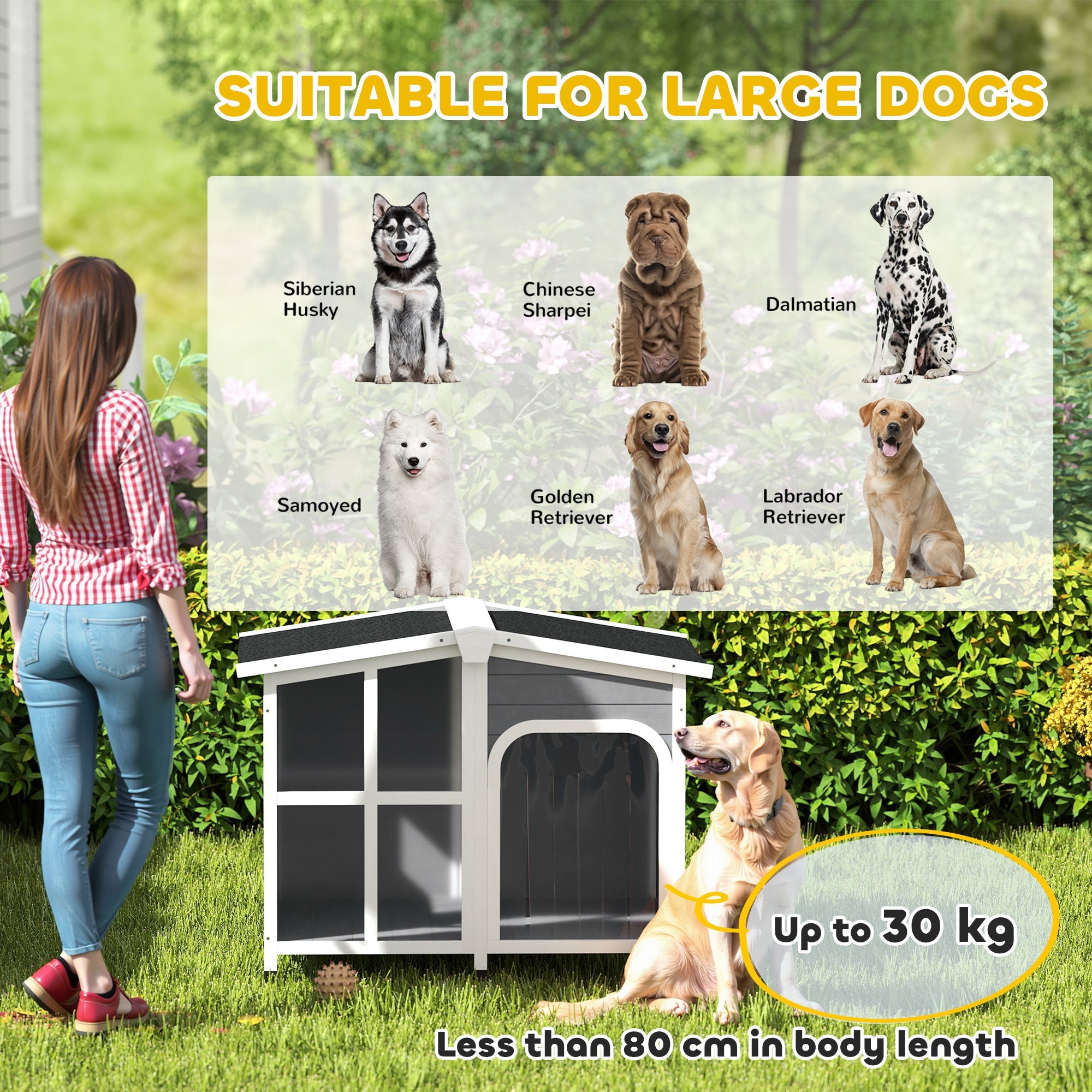 PawHut Wooden Dog Kennel with Removable Floor, Asphalt and Openable Roof, Giant Window for Large Dogs, Charcoal Grey 