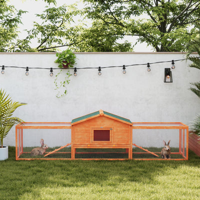PawHut Wooden Rabbit Hutch with Run, Tray, Ramps, Asphalt Roof, 309 x 70 x 87cm, Orange 
