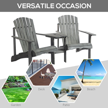 Outsunny Wooden Outdoor Double Adirondack Chairs Loveseat w/ Centre Table and Umbrella Hole, Garden Patio Furniture for Lounging and Relaxing, Grey 