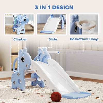 AIYAPLAY 3 in 1 Kids Slide with Climber, Basketball Hoop and Ball, Giraffe Shape Climber Slide for Indoor Kids Age 1-3, Blue 