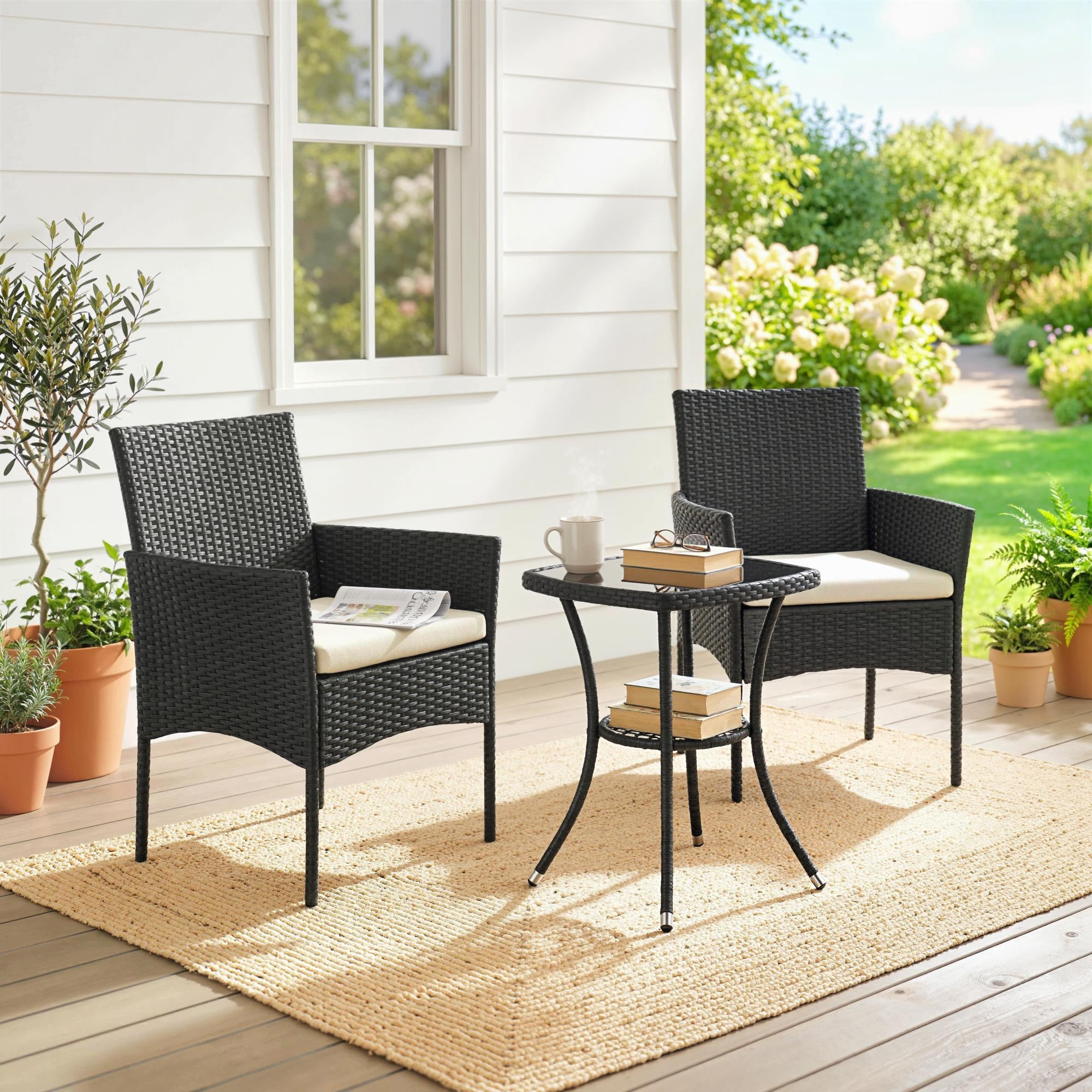 Outsunny 3 Piece Rattan Bistro Set, PE Wicker Garden Furniture Conversation Set with 2 Tier Glass-Top Table, Chairs, Cream White 