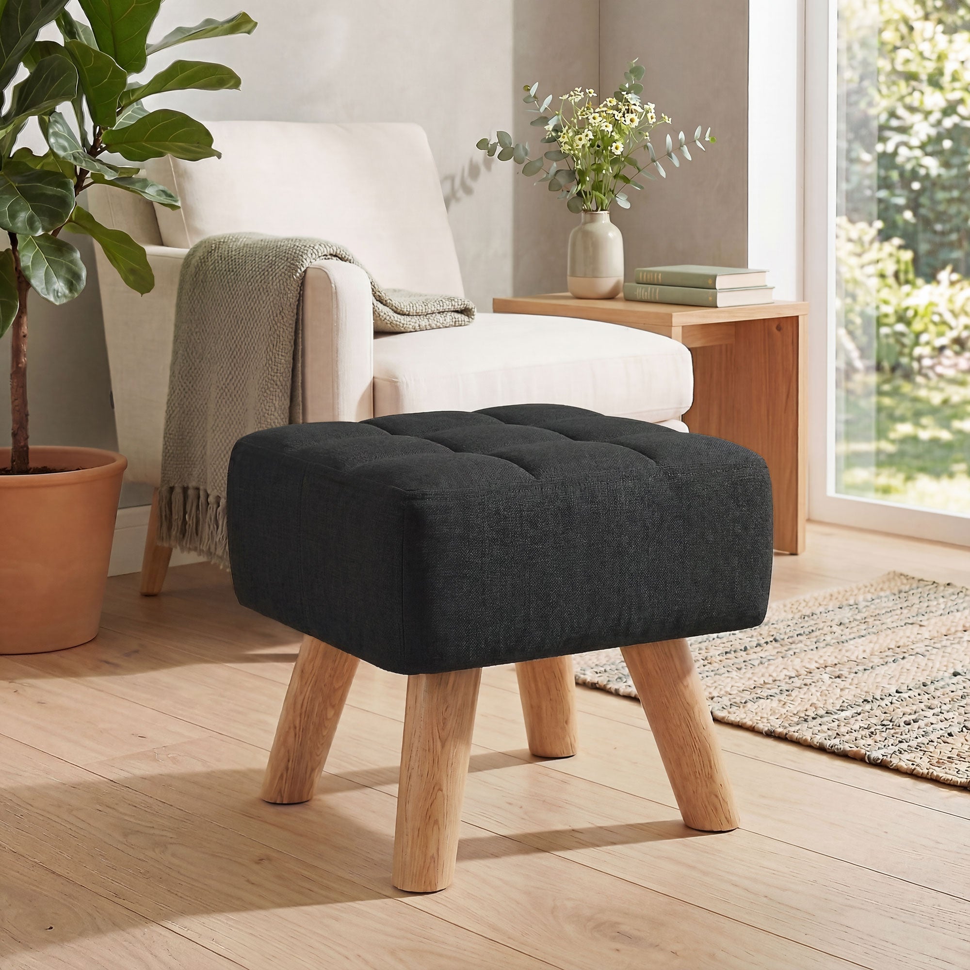 HOMCOM Linen-Look Square Padded Footstool - Black 