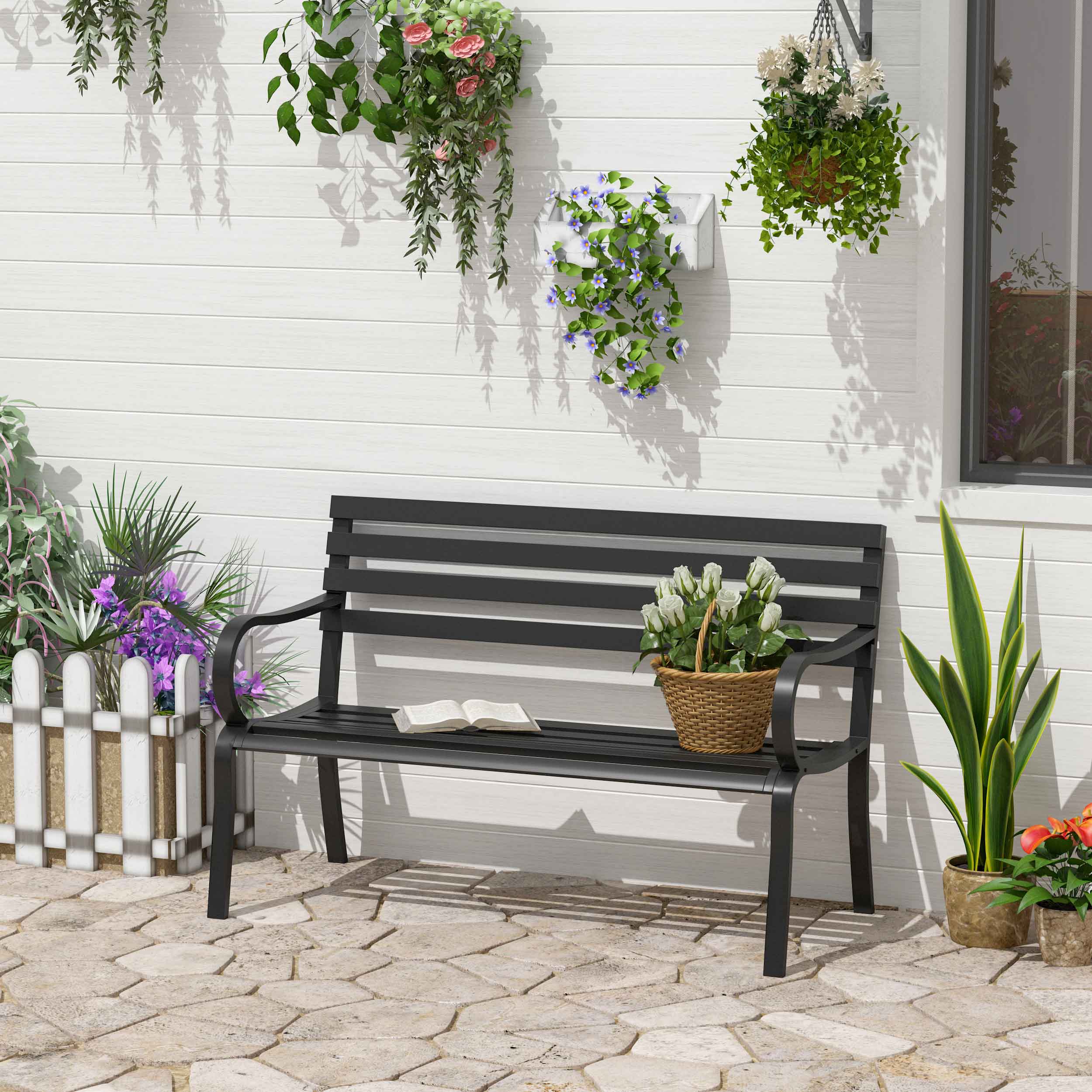 Outsunny Stylish 2 Seater Metal Garden Porch Chair Bench Stable Patio Outdoor Park Metal Bench - Black 