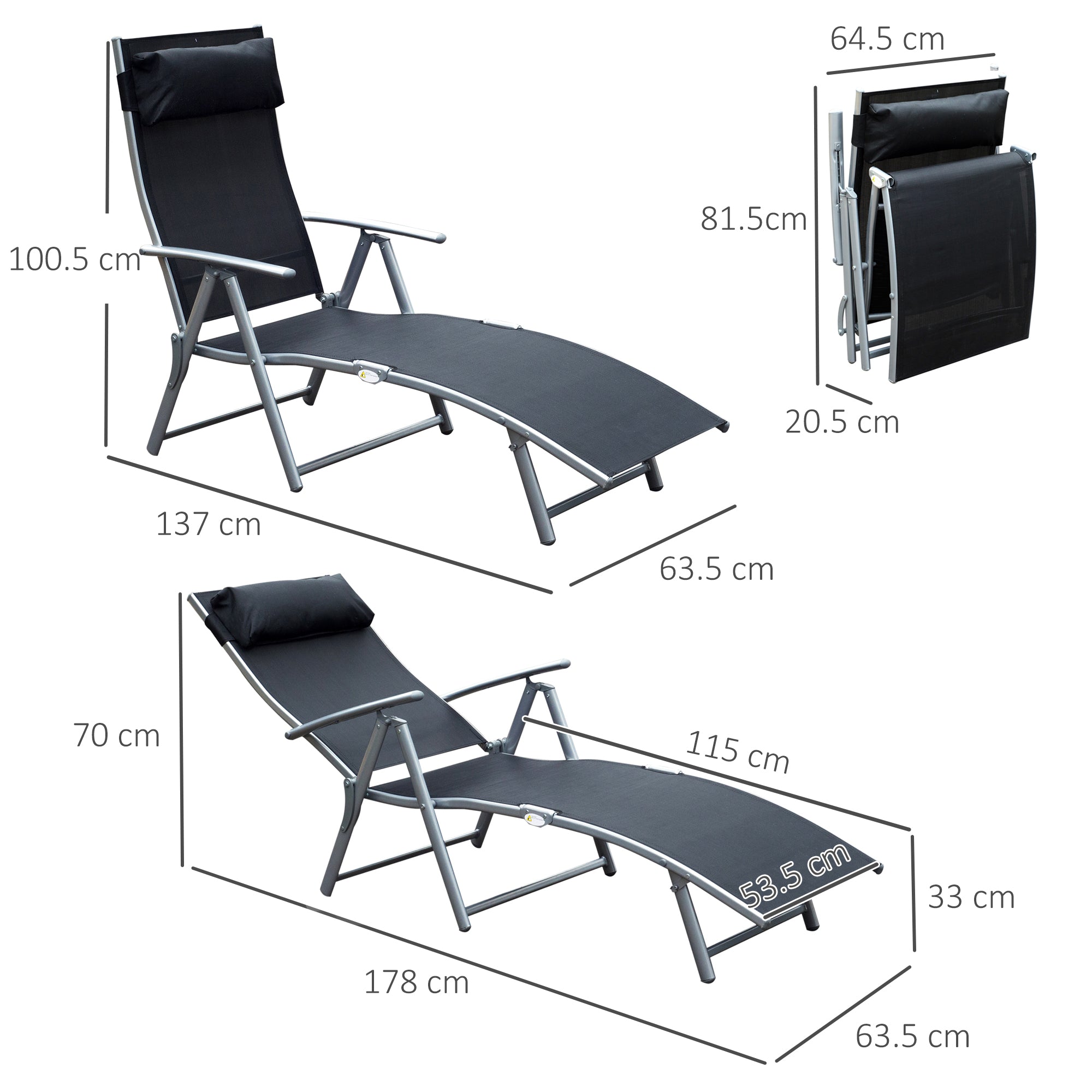 Outsunny Sun Lounger Steel Frame Outdoor Folding Chaise Texteline Lounge Chair Recliner with Headrest & 7 Levels Adjustable Backrest, Black 