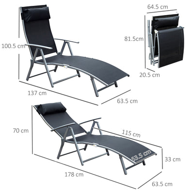 Outsunny Sun Lounger Steel Frame Outdoor Folding Chaise Texteline Lounge Chair Recliner with Headrest & 7 Levels Adjustable Backrest, Black 