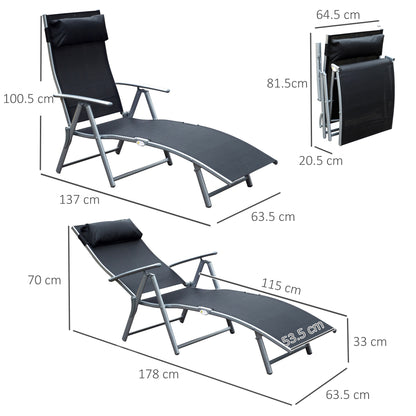 Outsunny Sun Lounger Steel Frame Outdoor Folding Chaise Texteline Lounge Chair Recliner with Headrest & 7 Levels Adjustable Backrest, Black 
