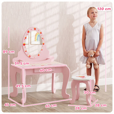 AIYAPLAY Kids Dressing Table Set, Vanity Table with Stool, Mirror, Drawer, Desktop Storage, Strawberry Theme, Pink 