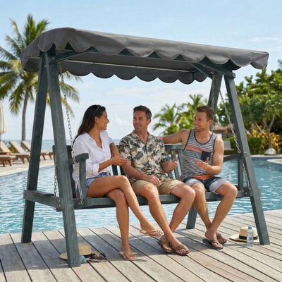 Outsunny 3 Seater Garden Swing Seat with Canopy, Wooden Swing Chair, Outdoor Hammock Bench for Balcony Patio Porch, Grey 