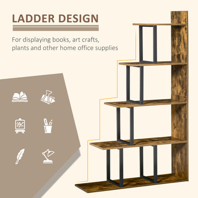 HOMCOM 5-Tier Bookcase, Wooden Ladder Bookshelf Display Stand, Rustic Brown 