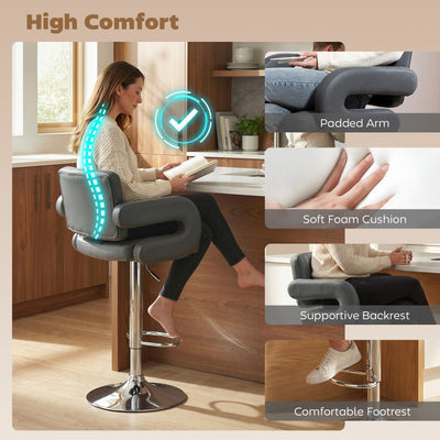 HOMCOM Bar Stools Adjustable Swivel Kitchen Chairs with Backrest Armrest Set of 2 PU Leather Grey 
