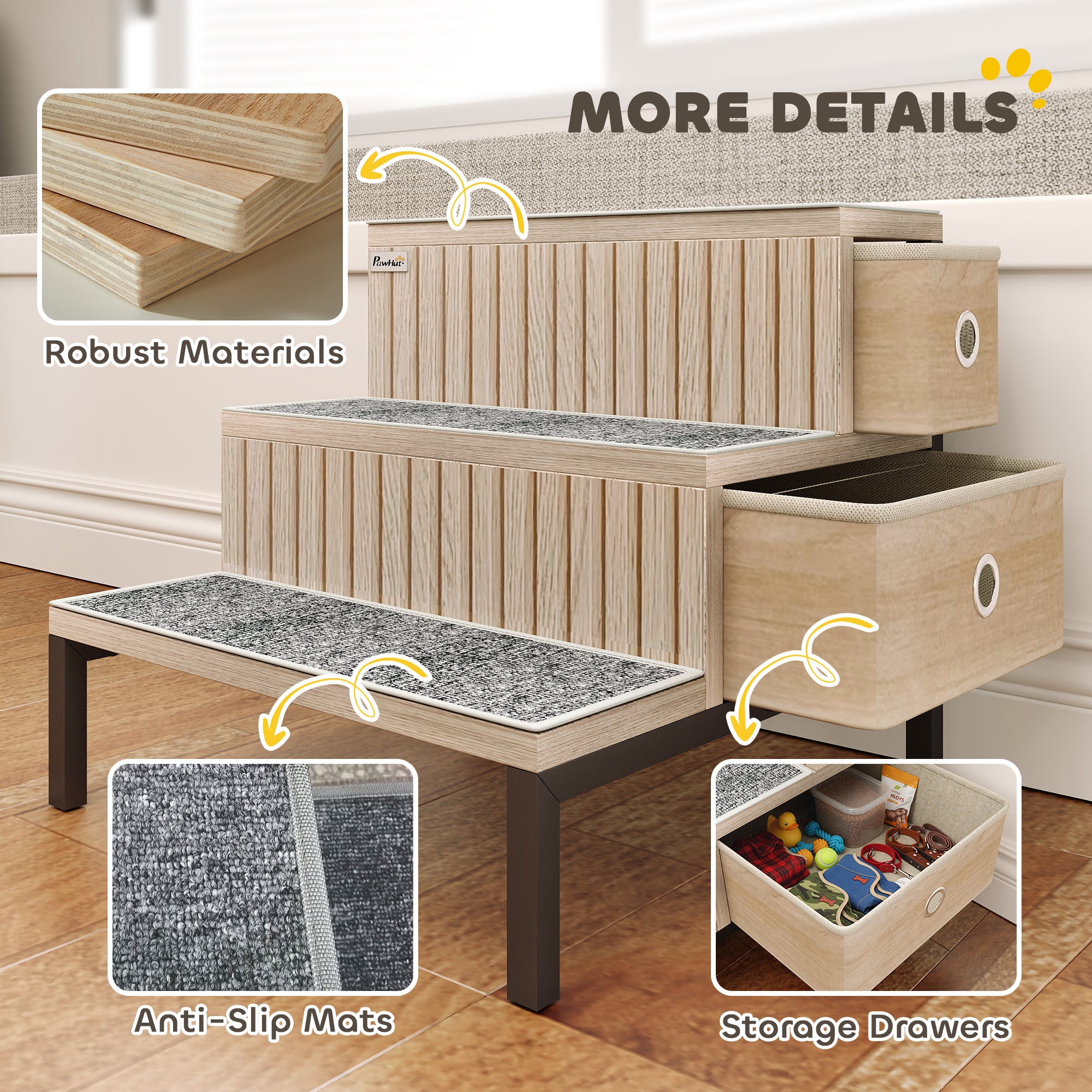 PawHut Dog Stairs with Storage, Non-Slip Cover, Pet Steps for Small Dogs & Older Cats, for Sofa, High Bed, Oak Tone 