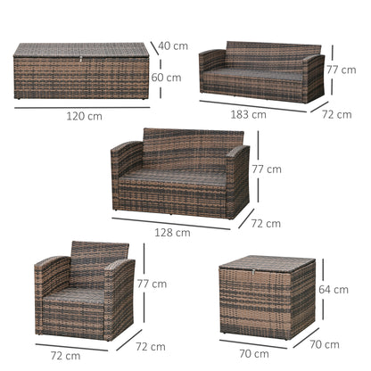 Outsunny 6 Pieces Rattan Garden Furniture Set, 7 Seater Wicker Outdoor Furniture Set with Storage Tea Table & Side Table, Sectional Garden Sofa Set with Cushions, Orange 