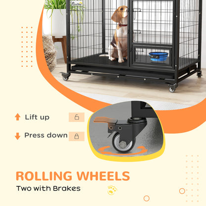 PawHut Heavy Duty Dog Crate on Wheels w/ Bowl Holder, Removable Tray, Openable Top, Detachable Door, for L, XL Dogs 