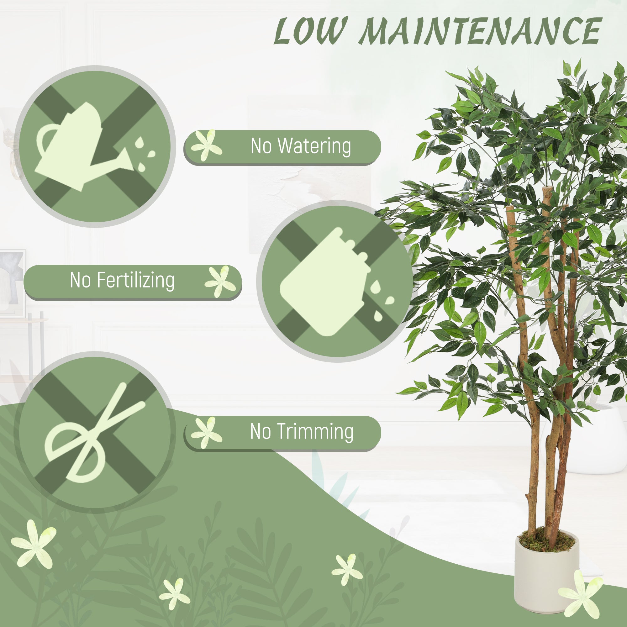 HOMCOM 150cm Artificial Ficus Tree, Fake Potted Tree with Solid Wood Trunk and Pot for Indoor, Green 