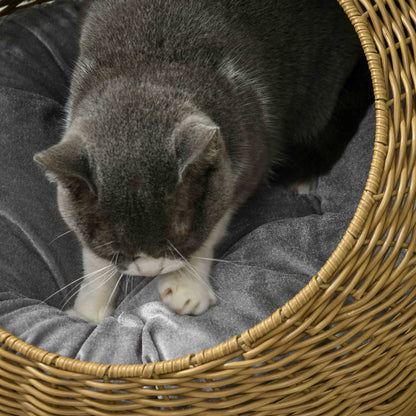 PawHut Wicker Cat House with Washable Cushion for Indoor Cats, Light Brown 