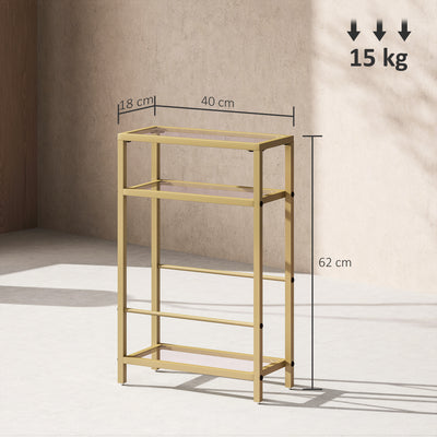 HOMCOM 3-Tier Side Table, Narrow End Table with Storage Shelf and Tempered Glass Tabletop for Small Spaces, Bedroom, Living Room, Entryway, Gold Tone 