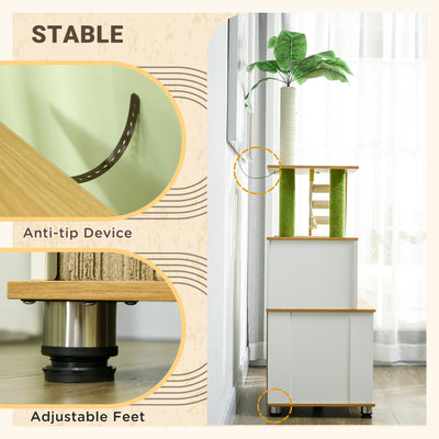 PawHut 2-in-1 Hidden Cat Litter Box, Green Leaf Cat Tree, with House, Ladder, Scratching Posts, Platforms, Indoors -Oak 