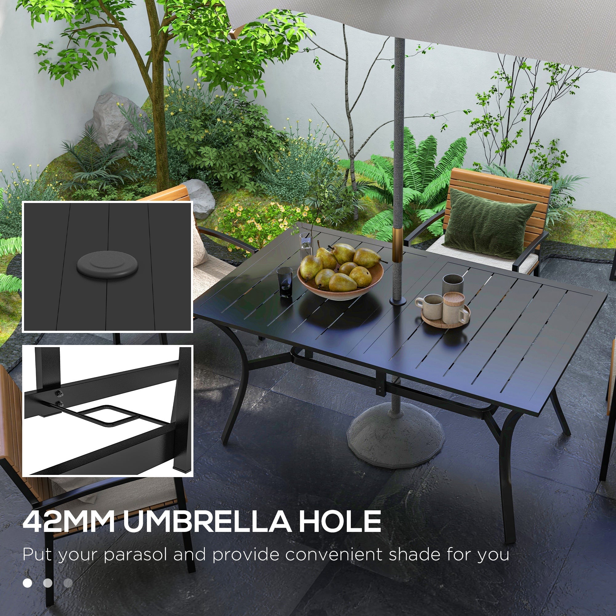 Outsunny Rectangle Garden Dining Table with Parasol Hole, Patio Table with Steel Frame and Slat Tabletop, 150cm x 90cm, Black 