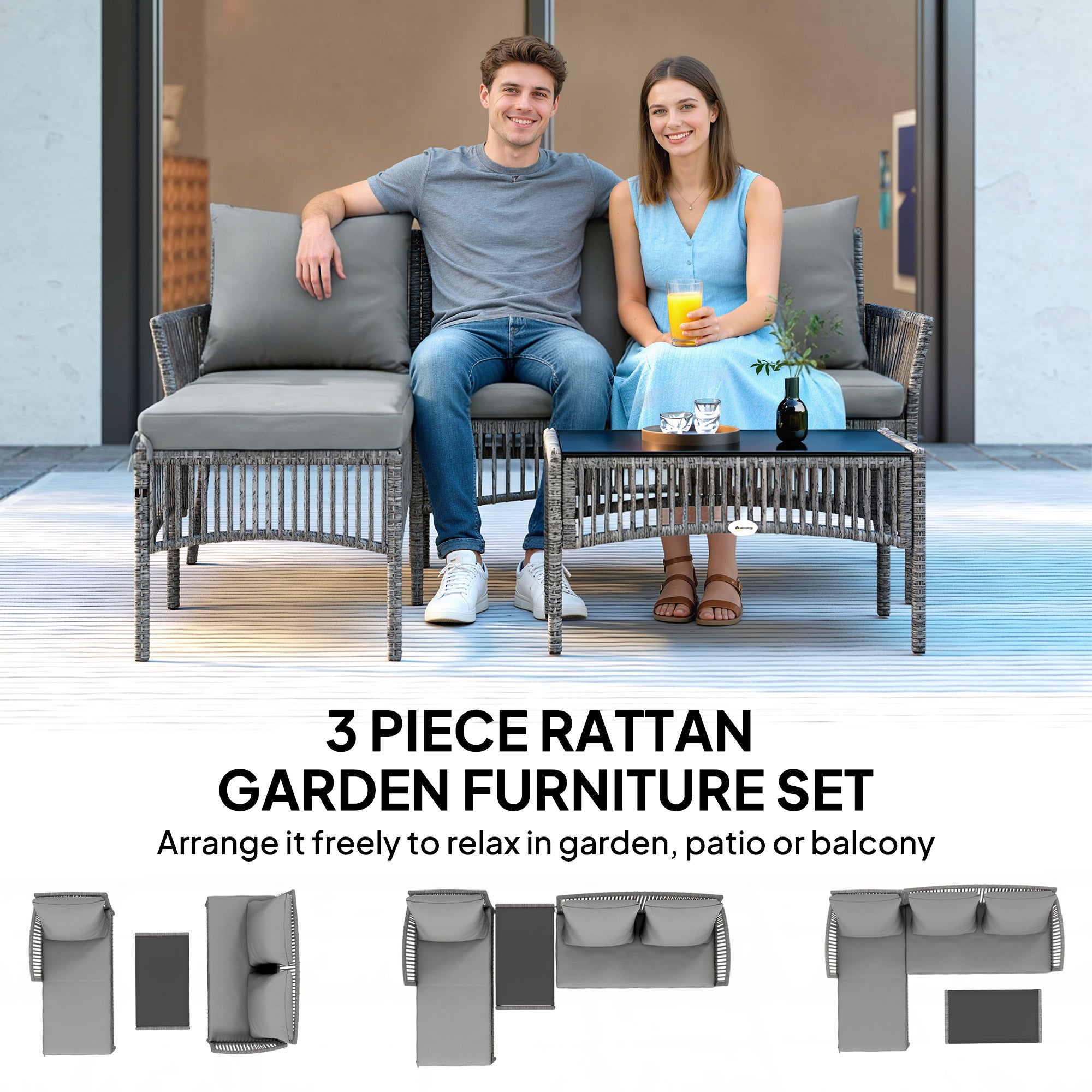 Outsunny 3 Piece Rattan Garden Furniture Corner Sofa Set with Chaise Lounge, Loveseat, Glass Coffee Table, Cushions, Dark Grey 