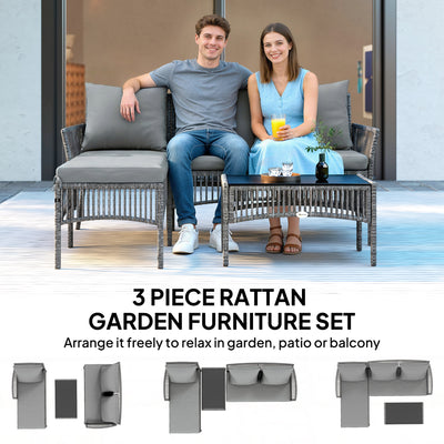 Outsunny 3 Piece Rattan Garden Furniture Corner Sofa Set with Chaise Lounge, Loveseat, Glass Coffee Table, Cushions, Dark Grey 