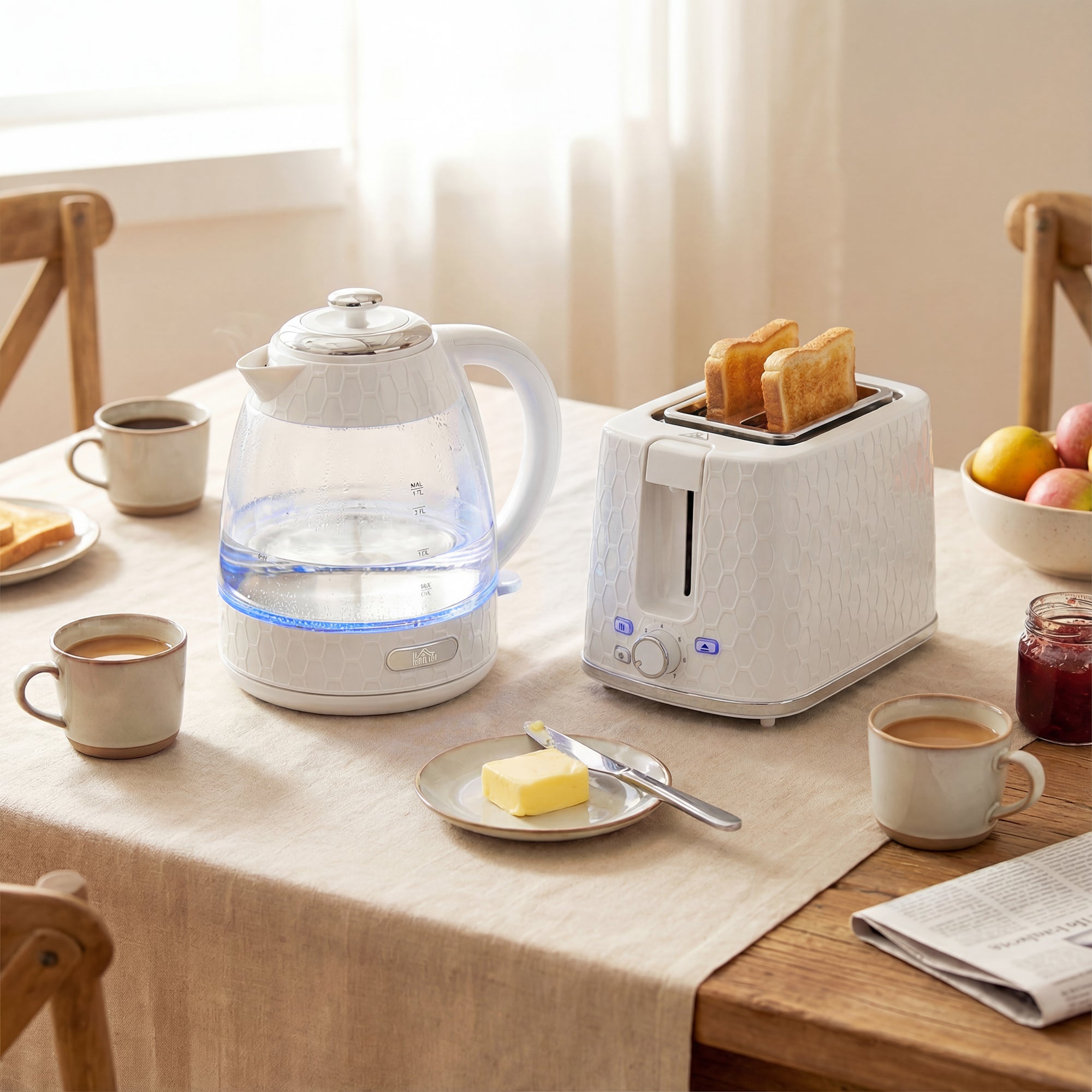 HOMCOM Kettle and Toaster Set, 1.7L 3000W Rapid Kettle with Limescale Filter, 2 Slice Toaster with 7 Browning Controls, Cream 