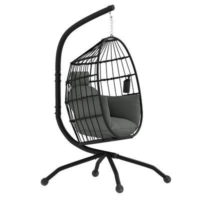 Outsunny Hanging Egg Chair Outdoor Indoor Garden Swing Chair with Folding Basket and Thickened Cushion, Garden Hanging Chair with Stand, Headrest, Cup Holder for Patio, Balcony, Dark Grey 