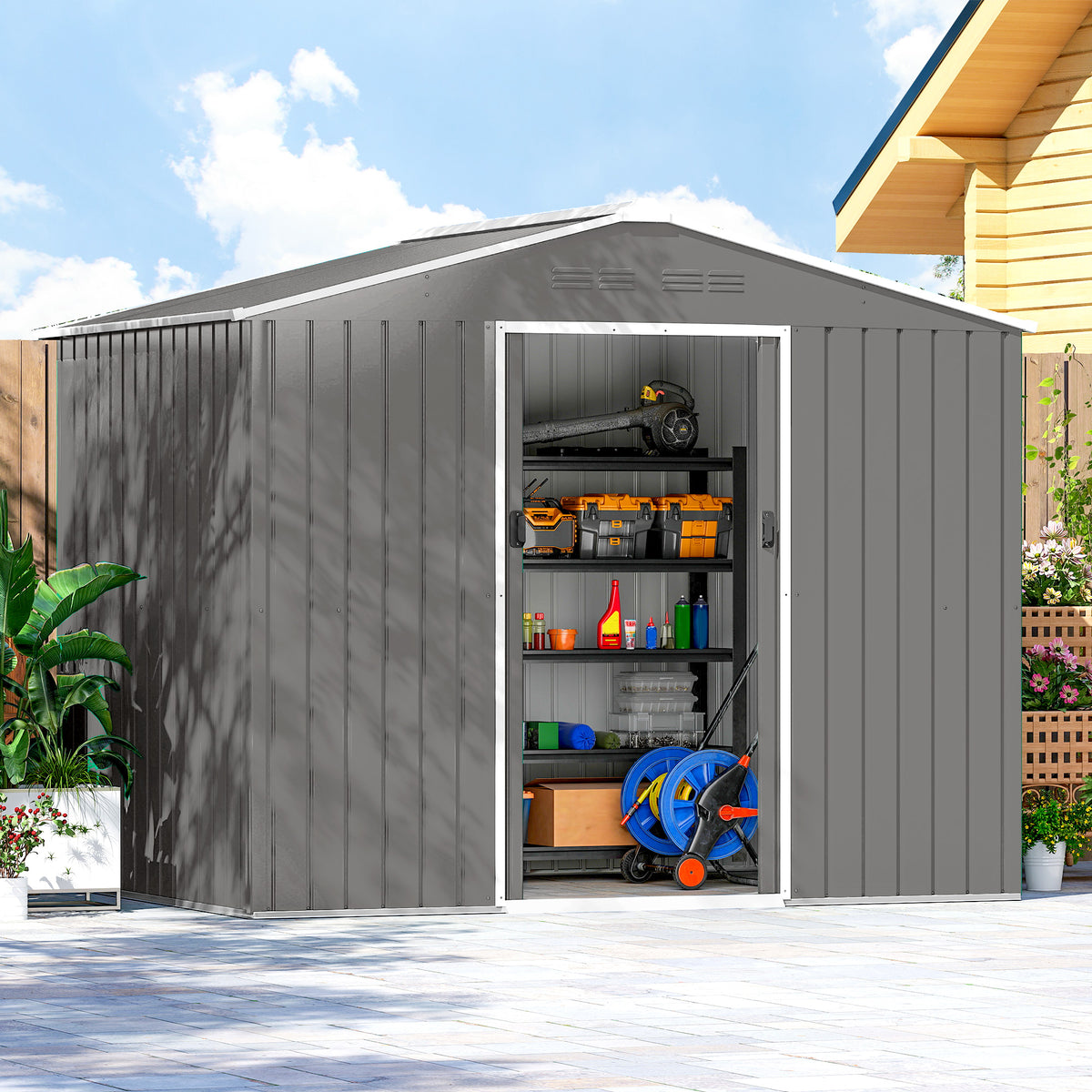 Outsunny 8 x 6ft Galvanised Steel Shed, with Double Door - Light Grey 