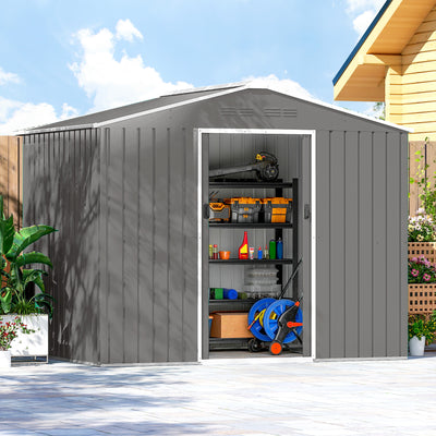 Outsunny 8 x 6ft Galvanised Steel Shed, with Double Door - Light Grey 