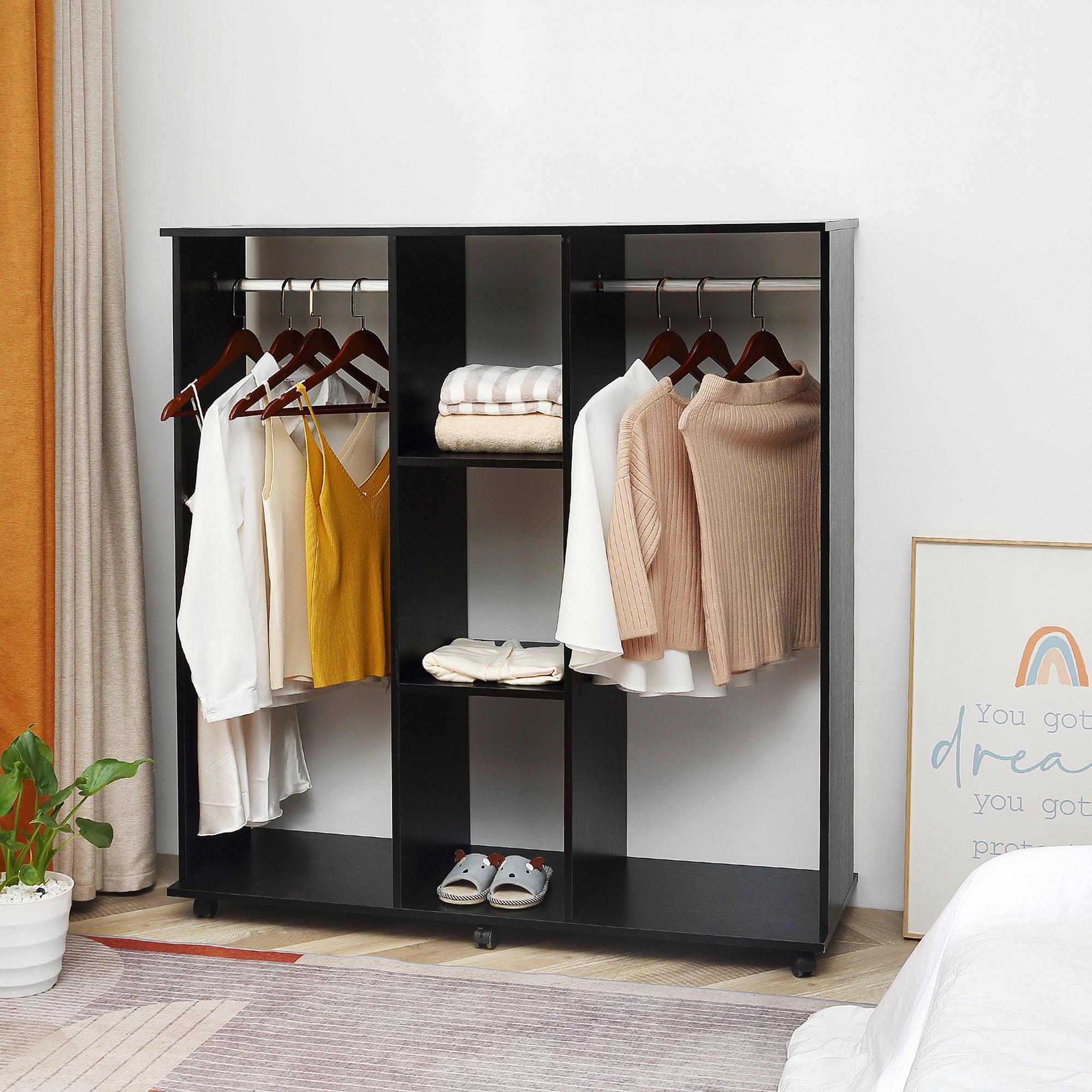 HOMCOM Open Wardrobe Double Mobile Storage Shelves Organizer W/6 Wheels-Black 
