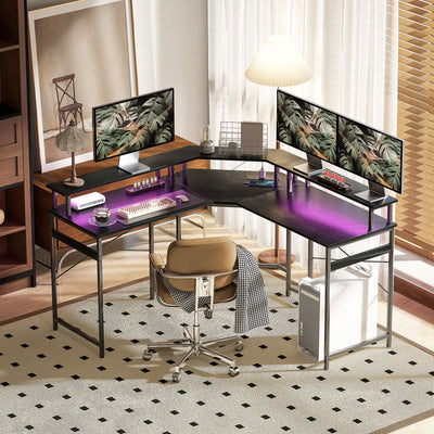 HOMCOM 'L' Shaped Work Desk, with LED Lights - Black 