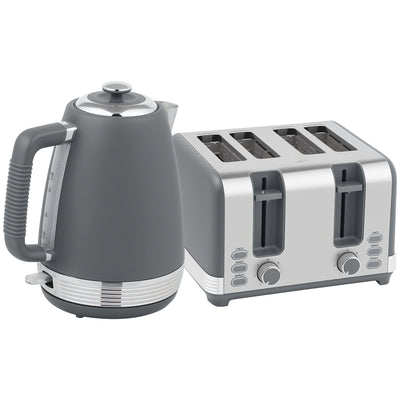 HOMCOM Stainless Steel Kettle and Toaster Set, 1.7L 3000W Rapid Boil Jug Kettle with UK Strix Thermostat, Limescale Filter, 4 Slice Toaster with 7 Browning Controls, Crumb Tray, Grey and Silver Tone 