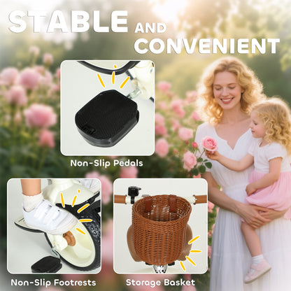 AIYAPLAY 2-In-1 Toddler Trike for 2-5 Years Old, 3 Wheel Bike with Adjustable Parent Handle, Basket for Boys and Girls, White