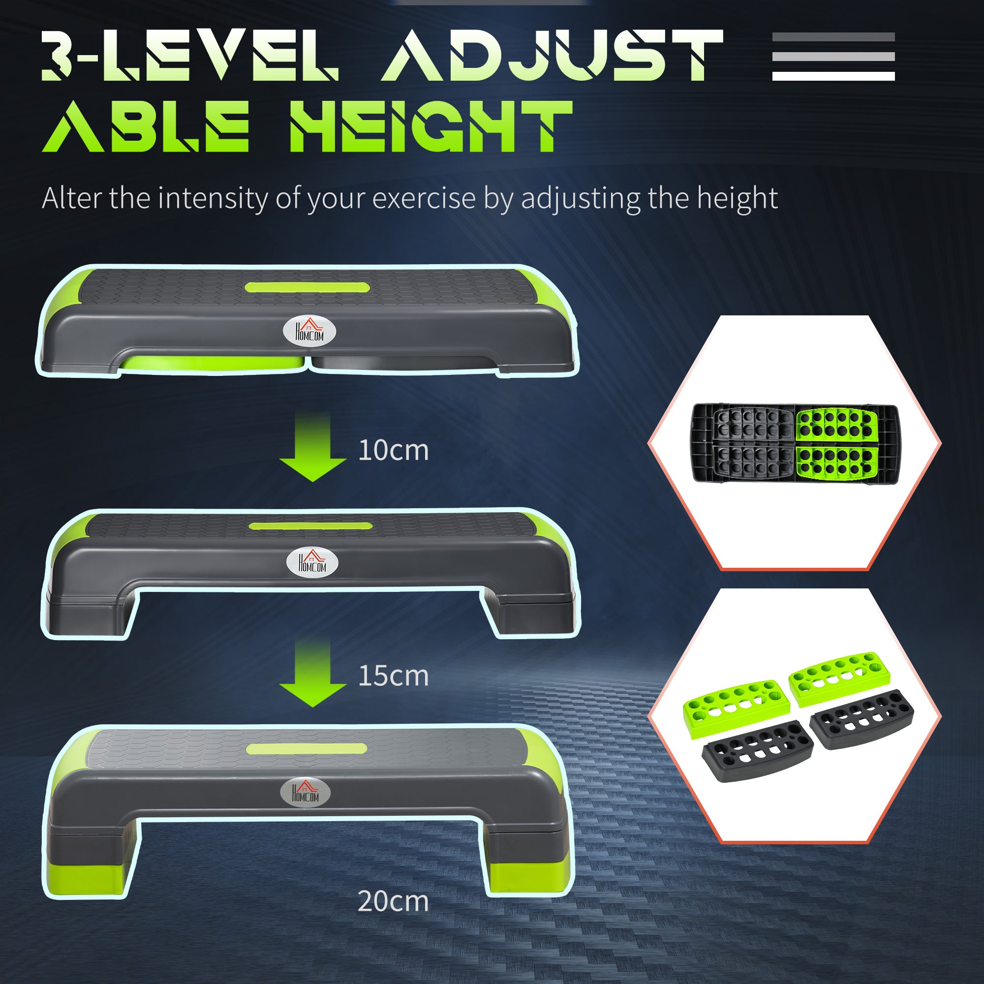 HOMCOM Aerobic Step with 3-Level Adjustable Heights for Home, Office Exercise, Grey and Green 