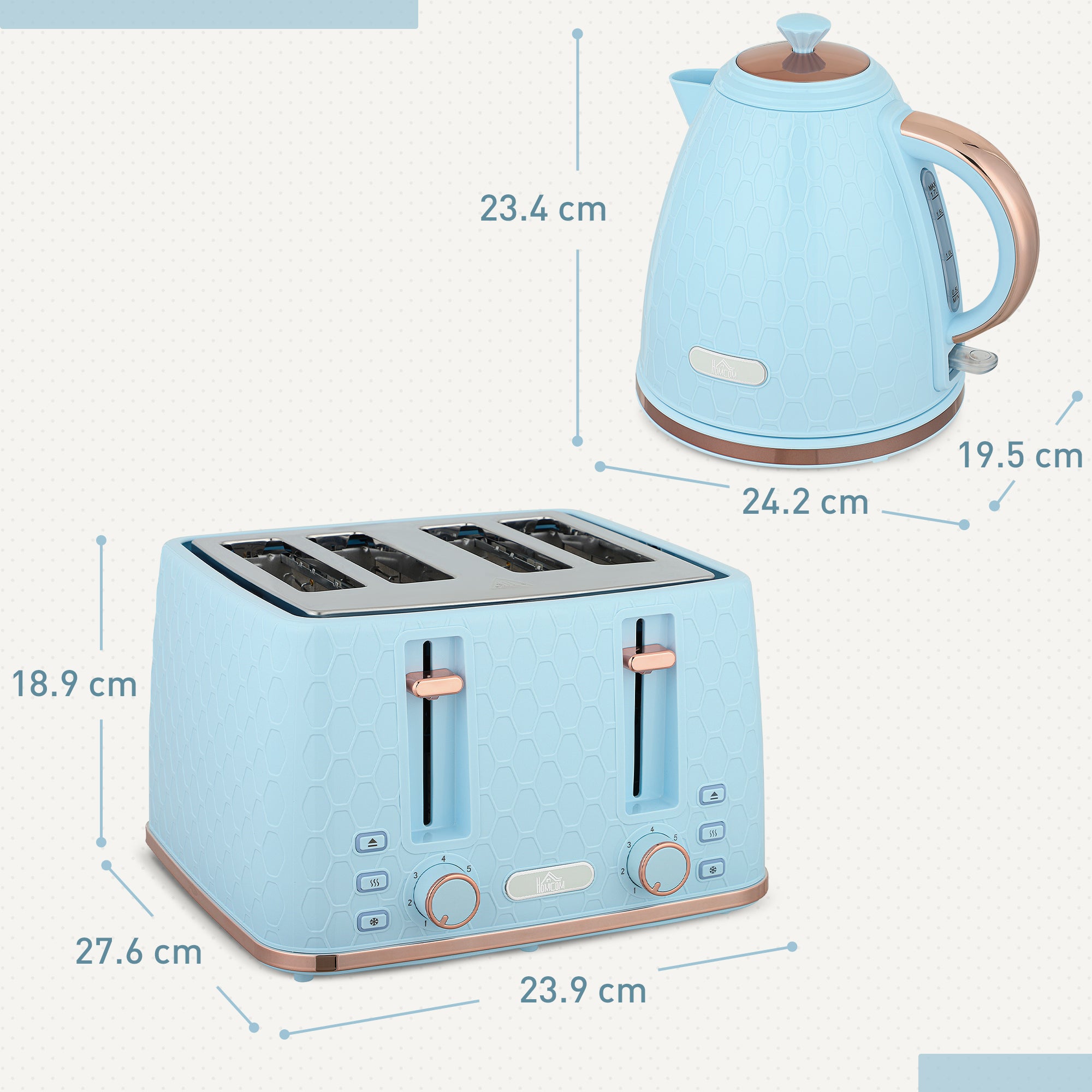 HOMCOM Kettle and Toaster Set, 1.7L 3000W Fast Boil Jug Kettle, 4 Slice Toaster with 7 Level Browning Controls, Light Blue
