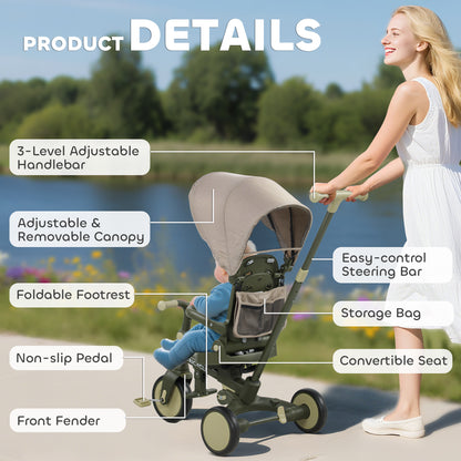 AIYAPLAY 5 in 1 Kids Trike with Adjustable Backrest, Toddler Tricycle with Push Handlebar, Adjustable Backrest, Dark Green