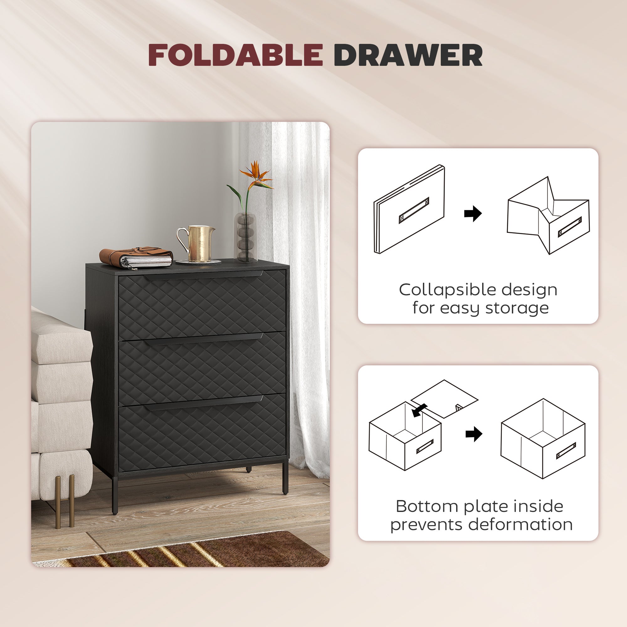 HOMCOM Chest of Drawers, Dresser with 3 Fabric Drawers and Aluminium Handles - Black 