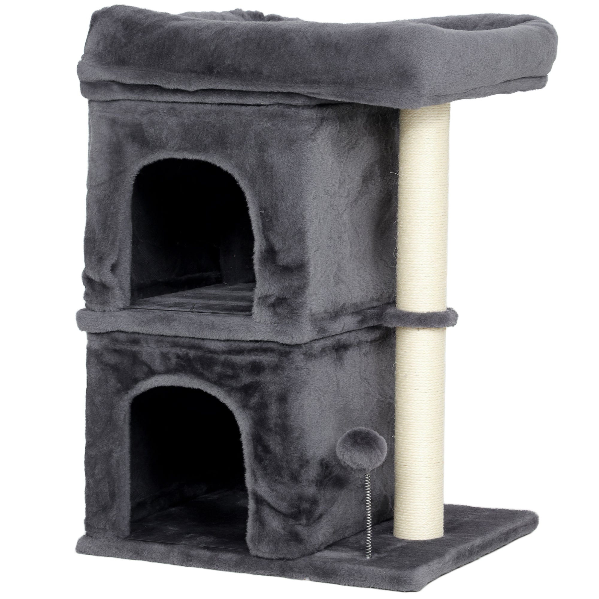PawHut 66 cm Small Cat Tree for Large Cats, Cat Tower w/ Large Top Perch, 2 Condos, Sisal Scratching Post, Toy Ball, Dark Grey 