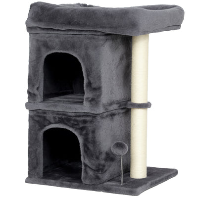 PawHut 66 cm Small Cat Tree for Large Cats, Cat Tower w/ Large Top Perch, 2 Condos, Sisal Scratching Post, Toy Ball, Dark Grey 