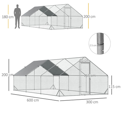 PawHut Galvanised Walk In Chicken Run w/ Cover 6 x 3 x 2m Silver 