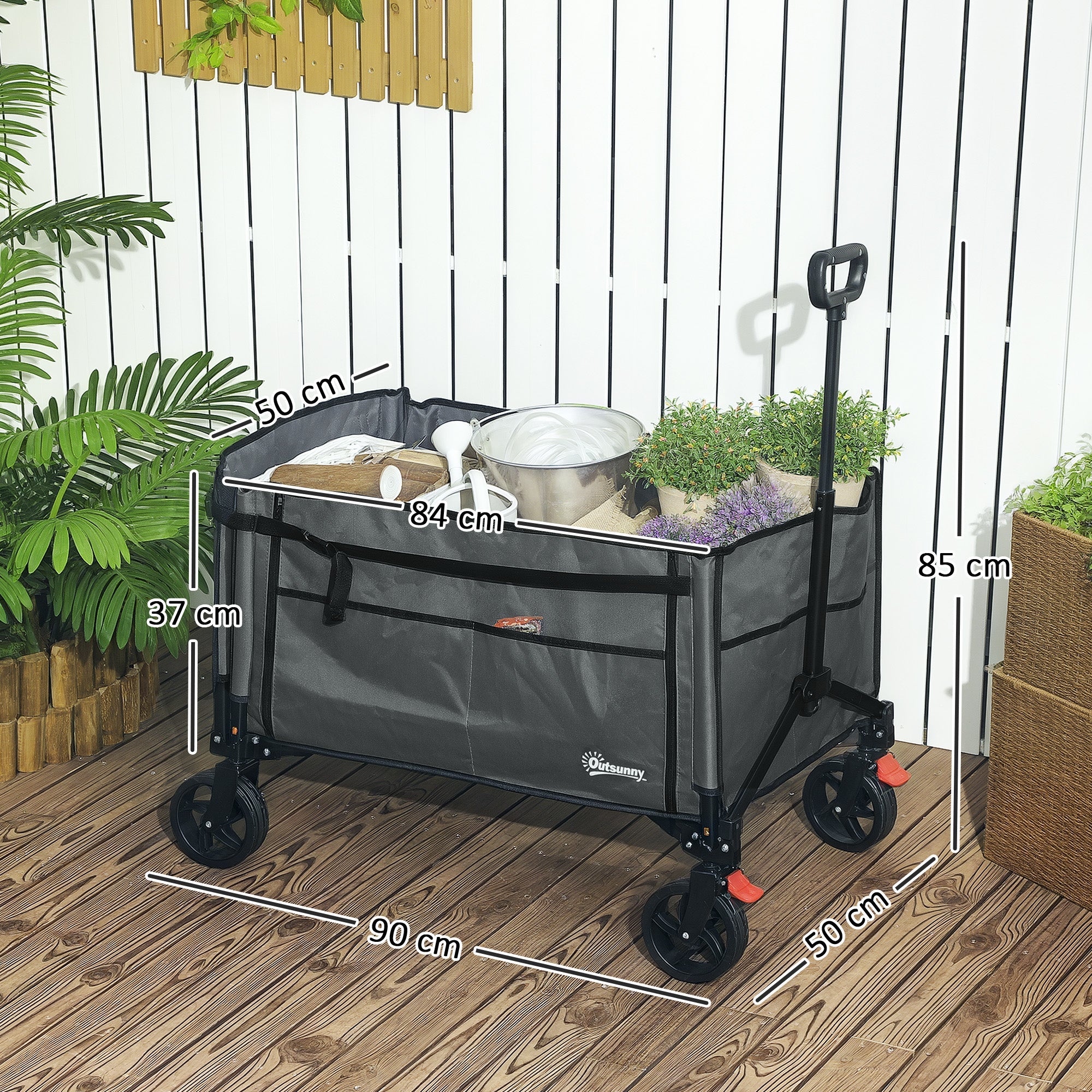 Outsunny Folding Trolley on Wheels, 150L Collapsible Wagon Festival Trolley Cart with Openable Sides, Adjustable Handle and Brakes for Shopping Camping Beach and Garden, Grey 