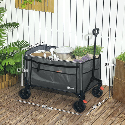 Outsunny Folding Trolley on Wheels, 150L Collapsible Wagon Festival Trolley Cart with Openable Sides, Adjustable Handle and Brakes for Shopping Camping Beach and Garden, Grey 