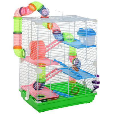PawHut 5 Tier Hamster Cage Carrier Habitat w/ Exercise Wheels, Tunnel, Green 