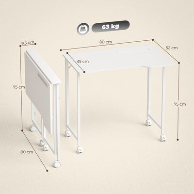 HOMCOM Small Folding Desk, with Wheels - White Wood-Effect 