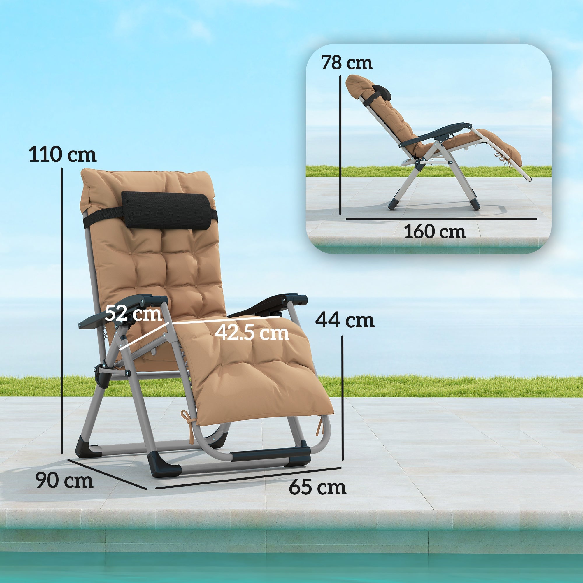 Outsunny 2 Piece Reclining Zero Gravity Sun Loungers with Cushions, Khaki 