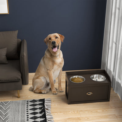 PawHut Stainless Steel Raised Dog Bowls, with 21L Storage Drawer for Large Dogs - Brown 