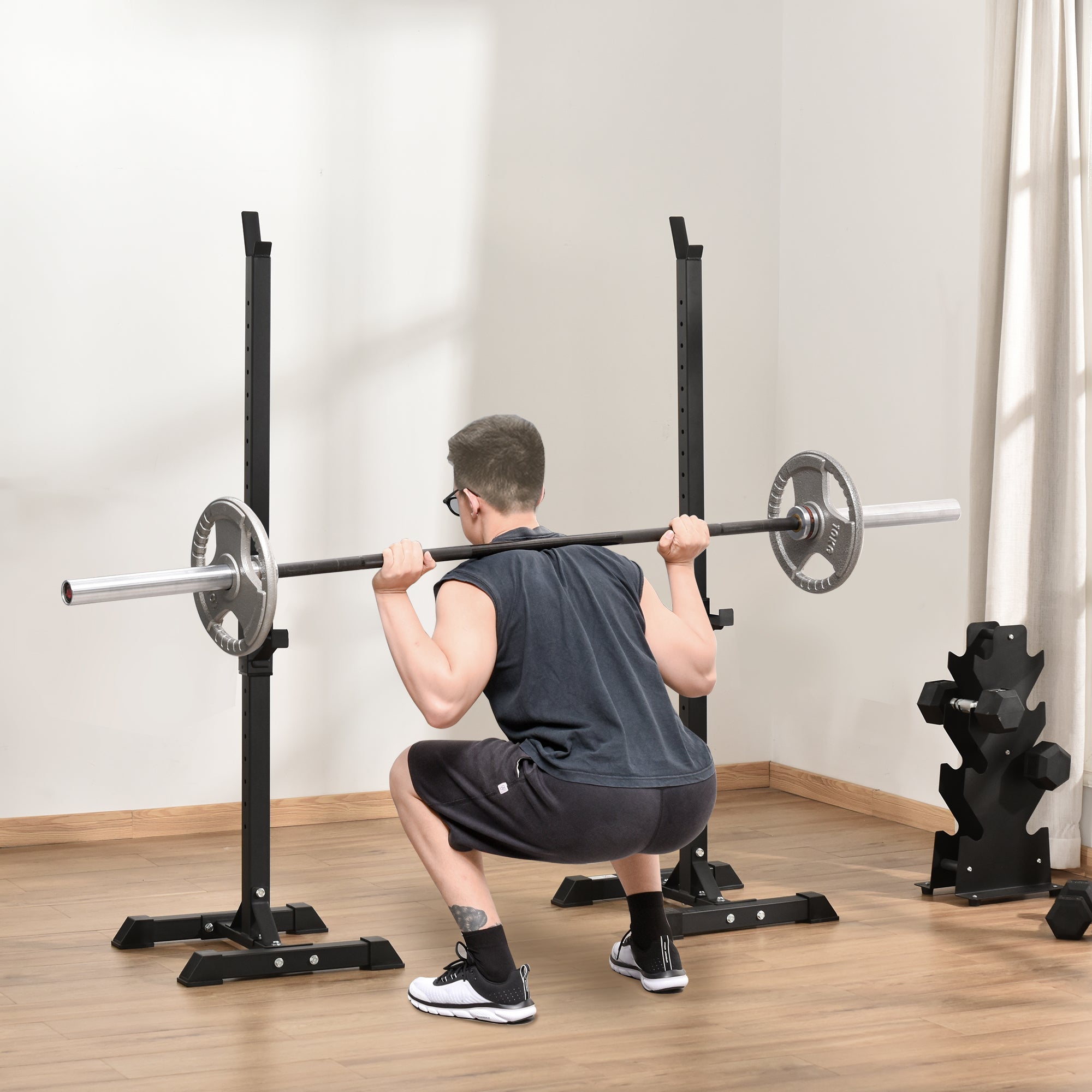 HOMCOM Adjustable Squat Rack, Weight Strength Training Bench Press Rack Barbell Rack Power Rack Weight Bench Supporter for Home Gym Exercise, Max Load 150kg, 124-154cm 