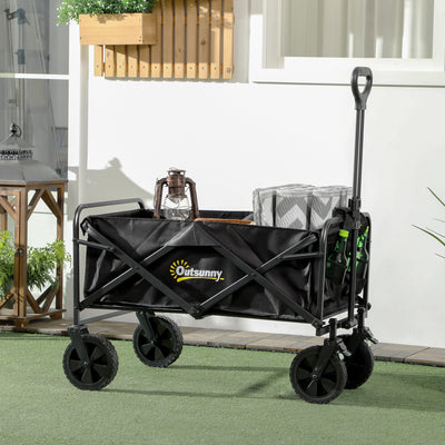 Outsunny Folding Steel Frame Garden Storage Cart, with Wheels and Handle - Black 