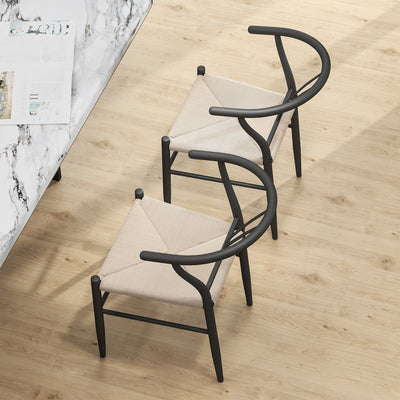 HOMCOM Set of Two Weave Dining Chairs with Y-Shaped Backrest Hemp Seat - Black/Beige 