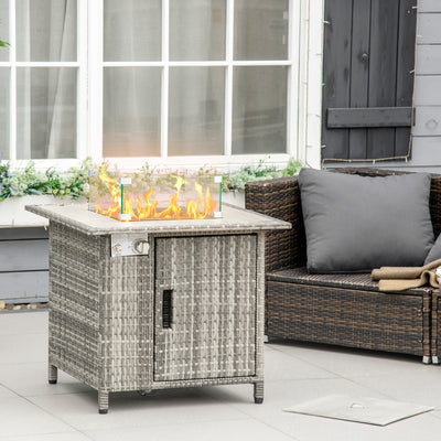Outsunny Outdoor PE Rattan Gas Fire Pit Table, Patio Square Propane Heater with Rain Cover, Glass Windscreen, and Lava Stone, 50,000 BTU, Grey 