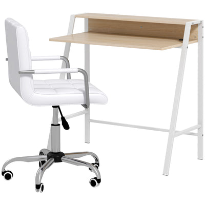HOMCOM Home Office Chair and Computer Desk Set, Faux Leather Desk Chair with Swivel Wheels, Study Desk with Storage Shelf, White 